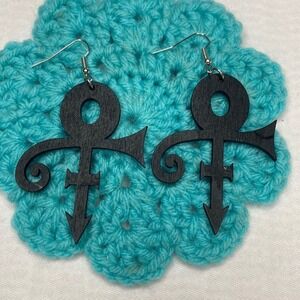 Black Wooden Prince Symbol Dangle Earrings Music Icon Statement Crafts New 2.5in